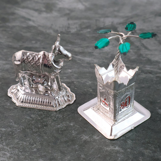 Silver-plated Kamdhenu Cow Tulsi Plant Pair Pooja Home Dcor
