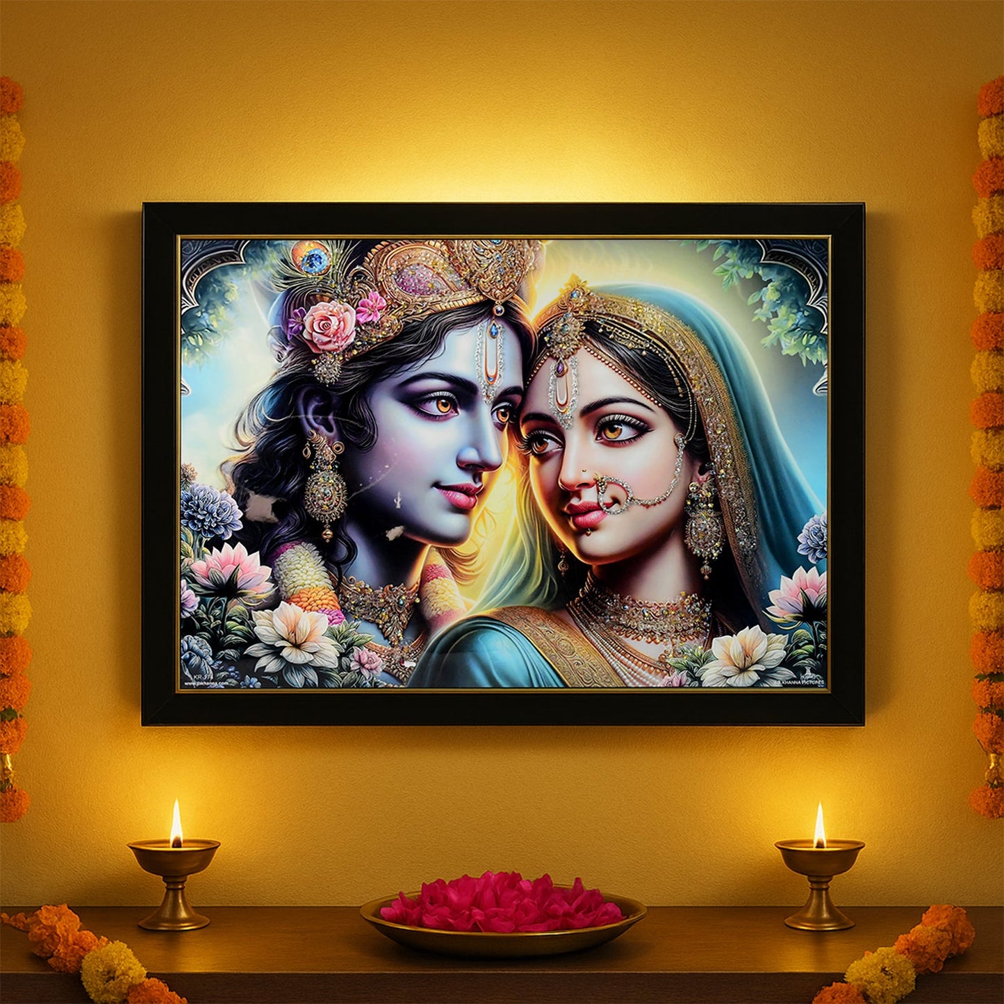 Lord Krishna and Radha Wall Painting with Wooden Frame 60x45 Cm Approx (1 Pc / Mix Design)