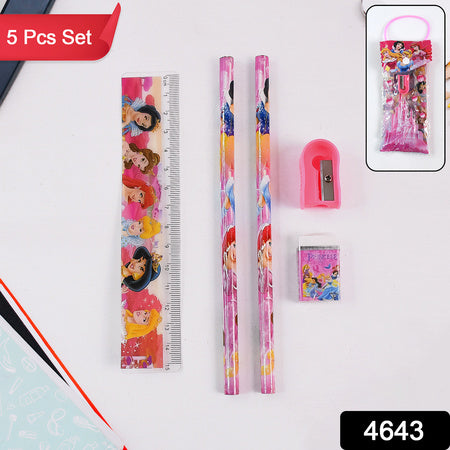 4643 Mix Design Cartoon Wooden Pencil Set Stationary Set 5 In 1 Items Educational Item For School Going Kids Stationary Set For Girls Boysstationary For Schoolgift Pack For Girls Kidsbirthday Gift Kids (5 Pc Set )