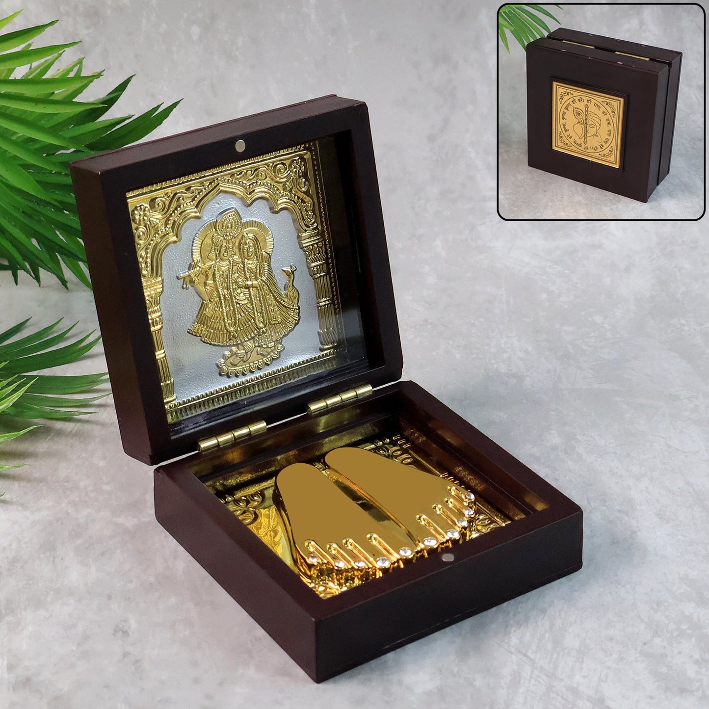 Golden Charan Paduka in Wooden Box – Spiritual Gift & Pooja Accessory