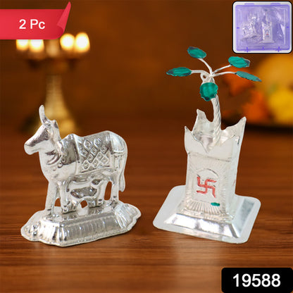 Silver-plated Kamdhenu Cow  Tulsi Plant Pair  Pooja  Home Dcor