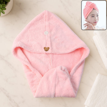 Cute Teddy Bear Button Microfiber Hair Wrap Towel