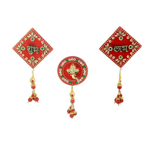 Decorative Wall Hanging Set With Shubh Labh And Ganesh Design (3 Pc)
